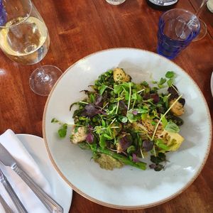 Charred hispi & asparagus, fava bean & avocado hummus, grains, seeds, lemon

And I'm having a vegan affogato for dessert! at The Bruce Arms in Ripon