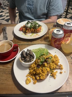 Tofu scramble, miso mushrooms, avo on sourdough   at Caravelle in Barcelona