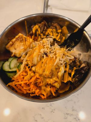 Bibimbap tofu bowl with teriyaki and peanut sauce at Rice Bar - Capitol Gallery in Washington