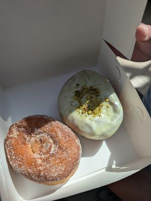 Pistachio and cinnamon sugar doughnuts at Nonna's Deliciously Different in Swansea
