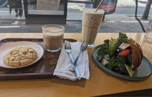 Vegan croissant, cookie, cappuccino & coffee shake at Café Eva in Tel Aviv