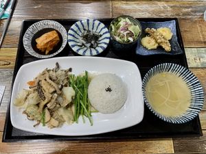 Rice with stir-fried mushroom   at Half Forest - 식을탐하다 in Jeju