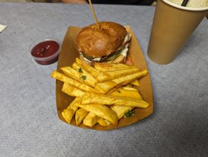 Falafel burger and sweet potato fries at Falafel House in Nairobi