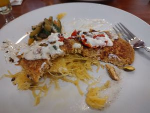 Halfway finished to show the spaghetti squash - it was perfect - vegan falafel and feta at Picasso Cafe on Paseo in Oklahoma City