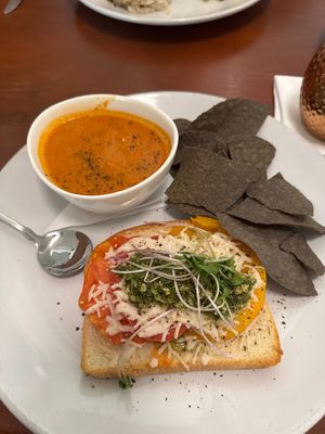 Pride Month open-faced caprese with tomato bisque  at Picasso Cafe on Paseo in Oklahoma City