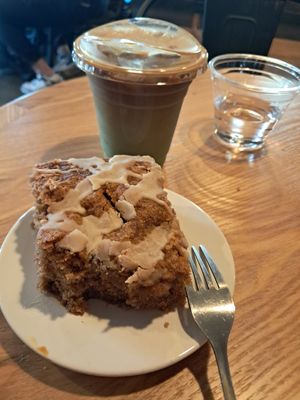 Coffee Cake and Iced Latte at Barber Commissary Barista in Indianapolis