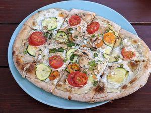 Vegan Dinnele with mixed vegetables at Feuer&Flamme in Uberlingen