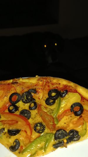 Vegan pizza with olives, tomato, peppers. Can do a calzone too at Nom Nom Pizza & Cafe Nida in Belfast