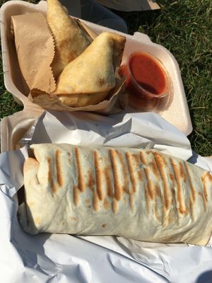Falafel wrap and two samosas. All pretty huge!  at Veggie Master Chef in Leicester