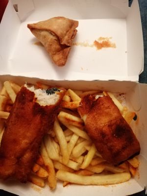 Fish and chips and samosa at Veggie Master Chef in Leicester