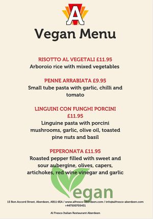 Vegan Menu in AL FRESCO Italian Restaurant Aberdeen at Al Fresco in Aberdeen