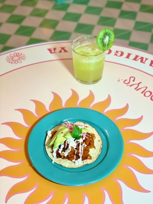 Tinga Tostada at Groovy's Taqueria Vegana in Mexico City