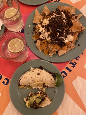 Nachos with chorizo & pastor gringa at Groovy's Taqueria Vegana in Mexico City