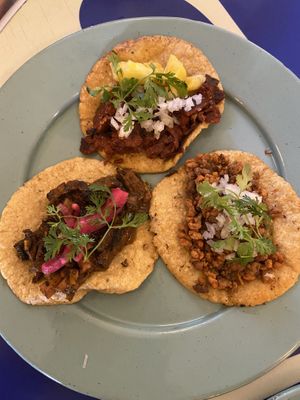 Tacos de pastor, longaniza y chorizo   at Groovy's Taqueria Vegana in Mexico City