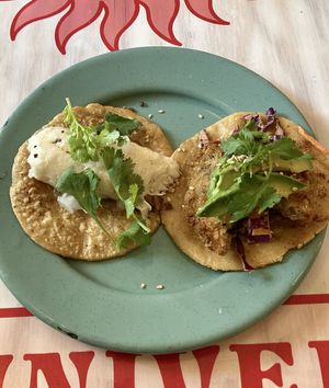 Taco suadero con queso y taco de pescado (todo vegano)  at Groovy's Taqueria Vegana in Mexico City