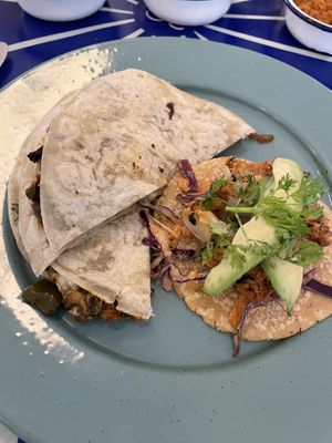 Pescado taco and Totallity  at Groovy's Taqueria Vegana in Mexico City