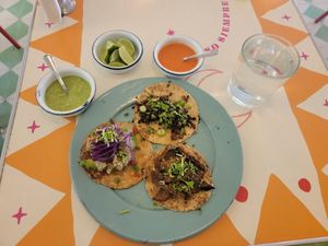 Bottom right is Milanesa, 9:00 is Pescado and the top one is Suadero at Groovy's Taqueria Vegana in Mexico City