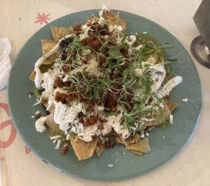 Chilaquiles with chorizo   at Groovy's Taqueria Vegana in Mexico City