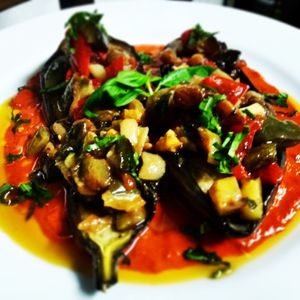 Berenjenas rellenas de caponata y salsa de piquillo/eggplant with caponata and piquillo peppers sauce at Mar De Crebas in A Coruna