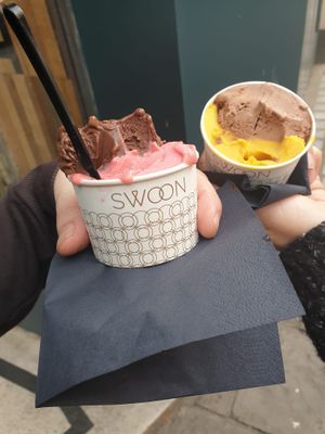 Chocolate and raspberry sorbetto and mango sorbetto & baci (hazelnut flavour)  at Swoon Gelato in Bath
