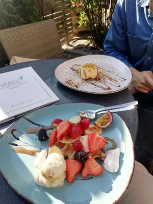A dilicious vegan waffle with ice cream of choice and something called Tartuffo. at Verde in Karlsruhe