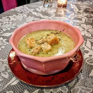 broccoli soup at Pink Peacock די ראָזעווע פּאַווע in Glasgow
