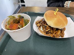 Bbq jackfruit and side of brussel sprouts   at Pure Vegan Cafe in Raleigh