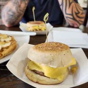 Southern Comfort: AMAZING breakfast sandwich with vegan "Sausage, egg, cheese, and honey mustard dressing" SOOO good! at Pure Vegan Cafe in Raleigh