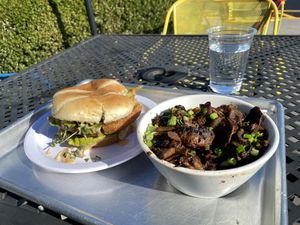 Tikki burger & mushrooms  at Pure Vegan Cafe in Raleigh