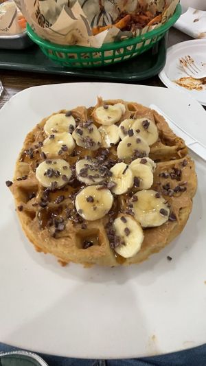 Peanut butter banana waffles   at Pure Vegan Cafe in Raleigh