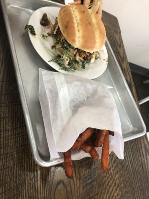 BBQ chik’n pulled jackfruit , Sweet potato fries   at Pure Vegan Cafe in Raleigh
