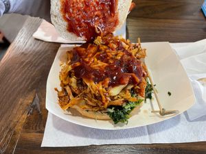 opened jackfruit bbq sandwich with slaw at Pure Vegan Cafe in Raleigh