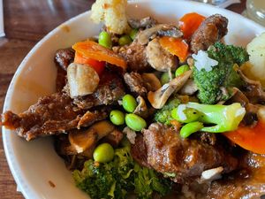 Korean bbq “beef” (TVP)  at Oakside Restaurant & Bar in Big Bear Lake