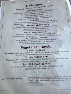 Vegan menu  at Oakside Restaurant & Bar in Big Bear Lake