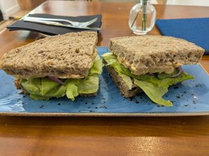 Vegan sandwich (cinammon hummus, lettuce, avocado, onions/tomatoes and Olive oil) at Teapots in Madrid
