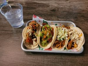 Jackfruit barbacoa, Chile lime tofu, fried avocado, and Chipotle portobello tacos at Westside Cantina in Colorado Springs