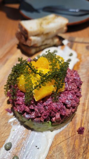 Close up of beef tartare at Traveler's Table in Houston