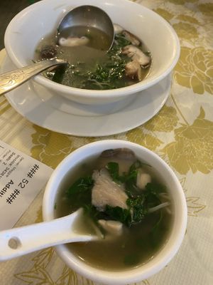Three mushroom and watercress soup  at Po Kong Vegetarian Restaurant in Vancouver