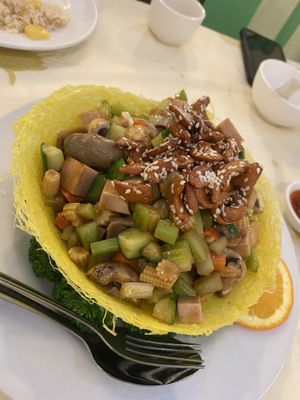 Mixed veg chop suey in birds nest  at Po Kong Vegetarian Restaurant in Vancouver