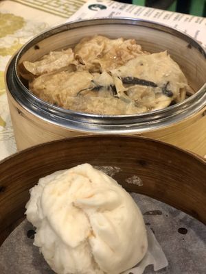 Bean curd rolls and bbq pork bun  at Po Kong Vegetarian Restaurant in Vancouver