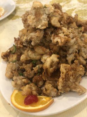 Chili deep fried oyster mushroom calamari   at Po Kong Vegetarian Restaurant in Vancouver