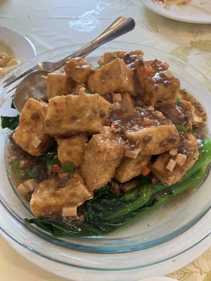 Thousand tofu with Chinese broccoli   at Po Kong Vegetarian Restaurant in Vancouver