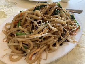 Shanghai style fried thick rice noodles   at Po Kong Vegetarian Restaurant in Vancouver