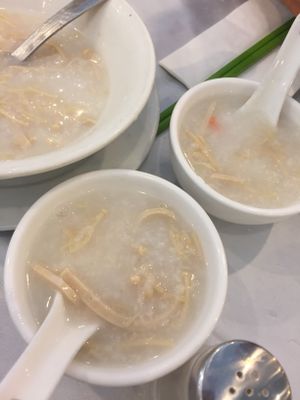 Enoki mushroom & bean curd congee  at Po Kong Vegetarian Restaurant in Vancouver