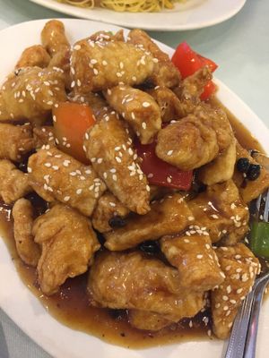 Crispy bean curd rolls in black bean sauce  at Po Kong Vegetarian Restaurant in Vancouver