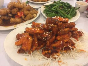 Bean curd skin roll, shiitake mushrooms, and green beans  at Po Kong Vegetarian Restaurant in Vancouver