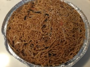 Noodles with homemade sauce at Po Kong Vegetarian Restaurant in Vancouver