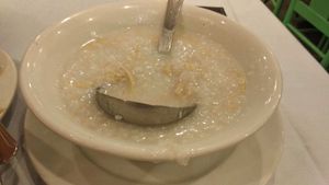 F4 Enoki Mushroom & Bean Curd Skin Congee at Po Kong Vegetarian Restaurant in Vancouver