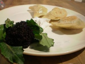 potato leek pierogi with roasted purple broc at Byow in East Vancouver
