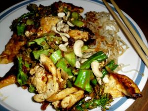 broccoli and tofu with szechuan peanut sauce and crispy noodles at Byow in East Vancouver